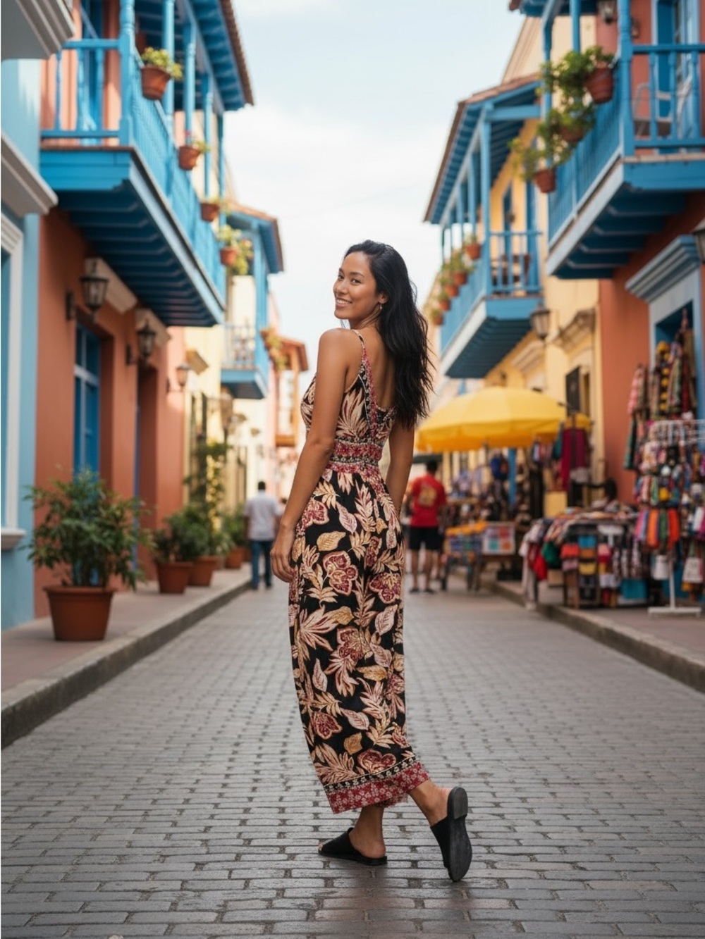 Angie Black Floral Wide Leg Jumpsuit with Pink & Orange Accents NWOT 💋